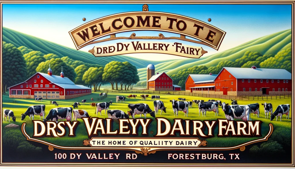 Dry Valley Dairy in Forestburg, TX - A vivid and detailed wide illustration of Dry Valley Dairy Farm, located at 100 Dry Valley Rd, Forestburg, TX. The scene captures the picturesque and (2)